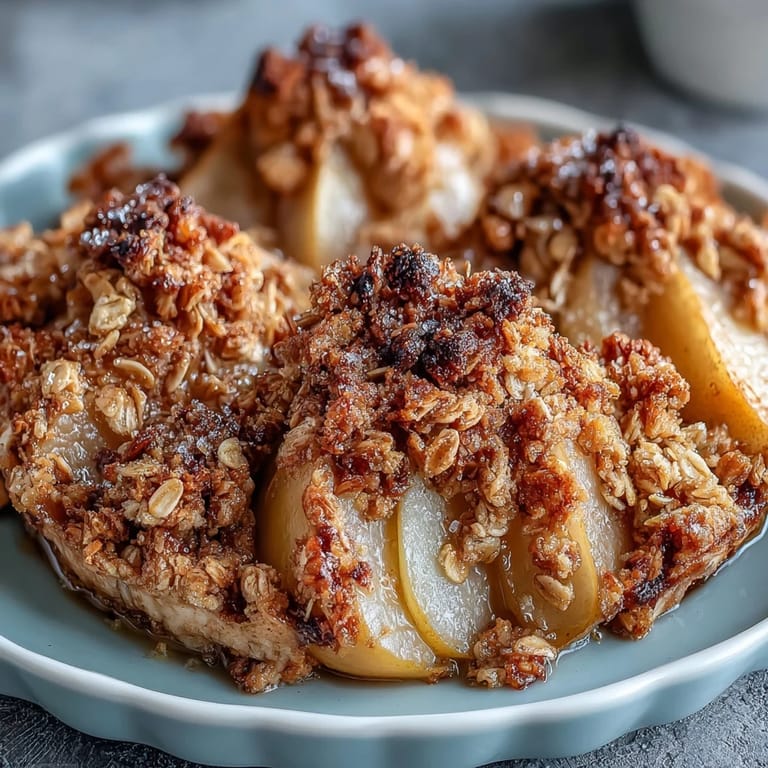 Easy homemade Pear Crumble topped with a buttery oat crust, ready to serve warm from the oven.