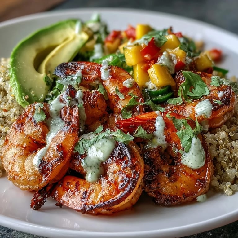 Crisp mango salsa and creamy avocado pair with smoky grilled shrimp over quinoa in this Fresh Shrimp and Creamy Avocado Bowls recipe.