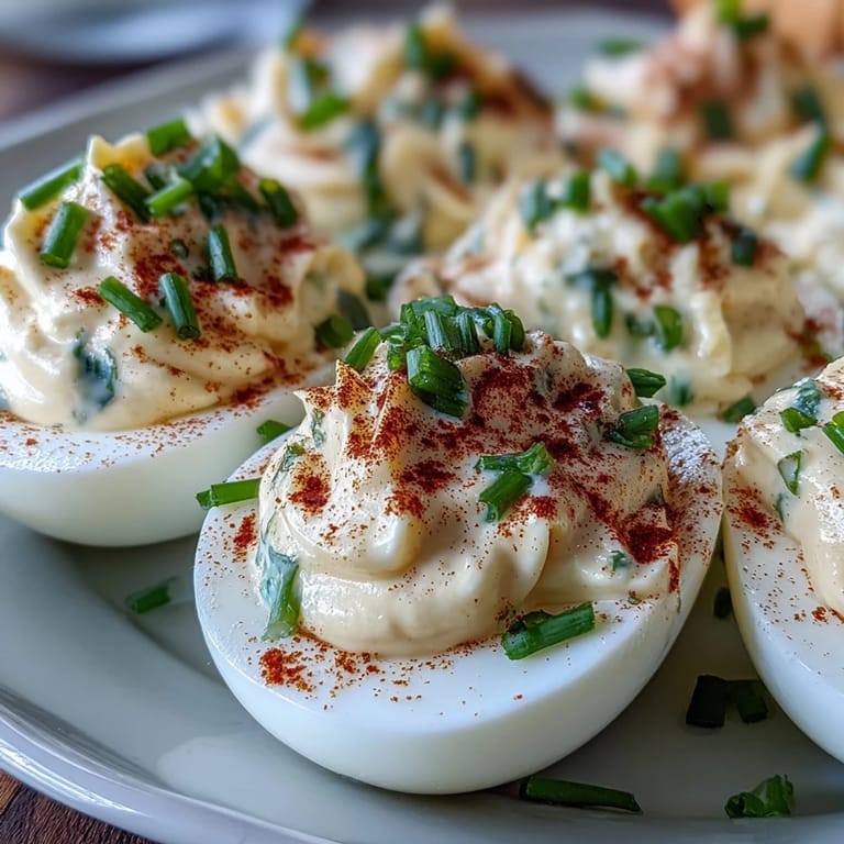 Million Dollar Deviled Eggs with creamy filling and paprika garnish arranged on a platter.