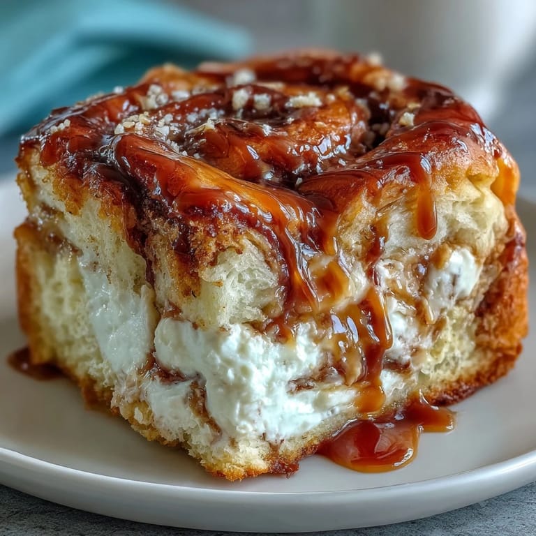 A golden loaf of Caramel Cream Cheese Bread with a caramel stripe on top, sliced to reveal the rich cream cheese filling.