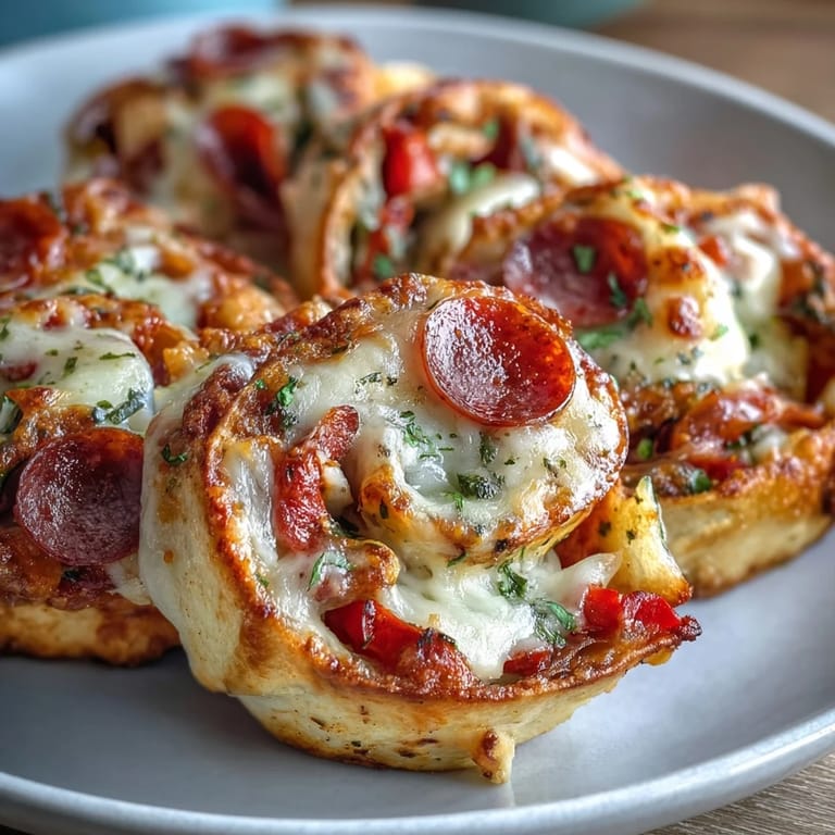 Six golden-baked Tortilla Pizza Rolls arranged on a wooden board with melted mozzarella and pepperoni visible inside.