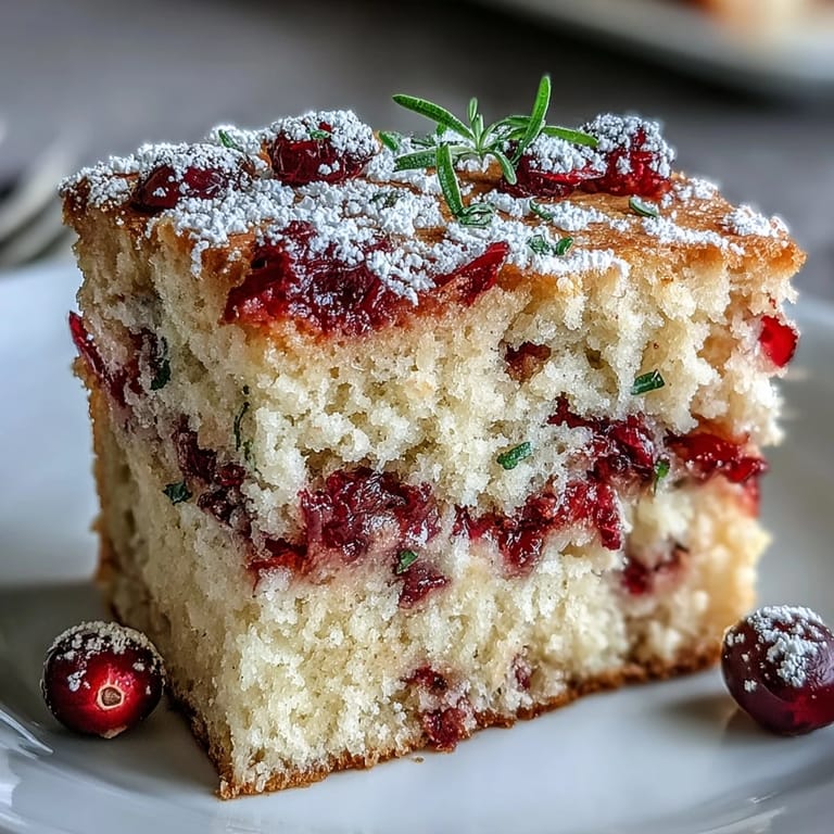 Sliced wedge of Cranberry Orange Breakfast Cake on a plate, revealing moist interior with vibrant cranberry pieces, ready for morning coffee.
