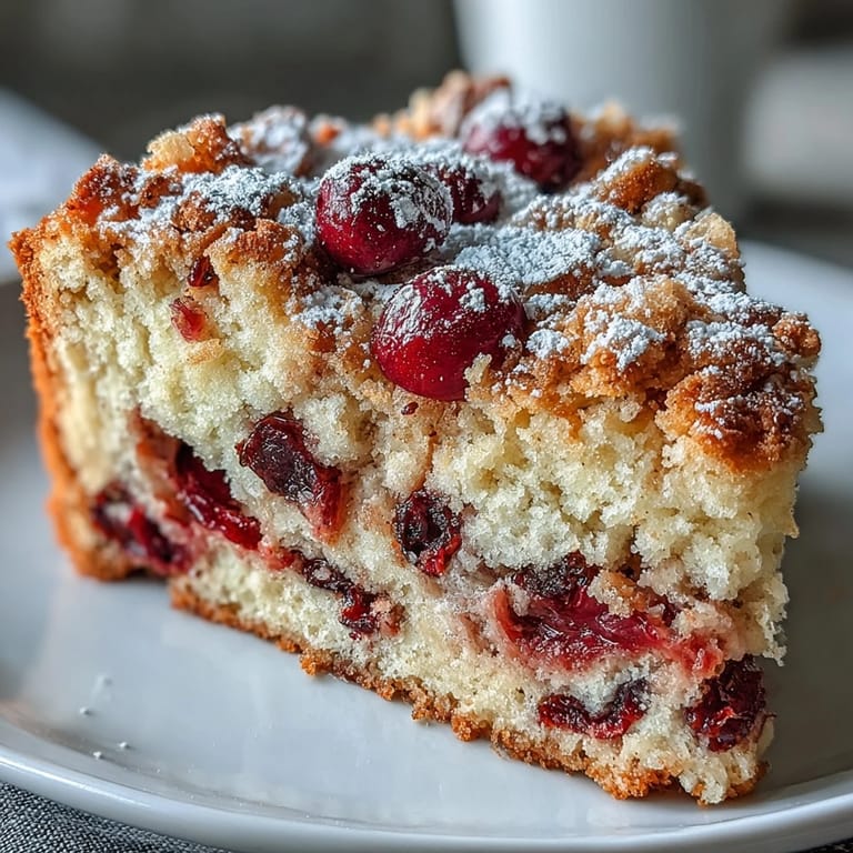 Warm Cranberry Orange Breakfast Cake in a round pan, showcasing golden crust, flecked zest, and juicy berries, perfect for weekend brunch.