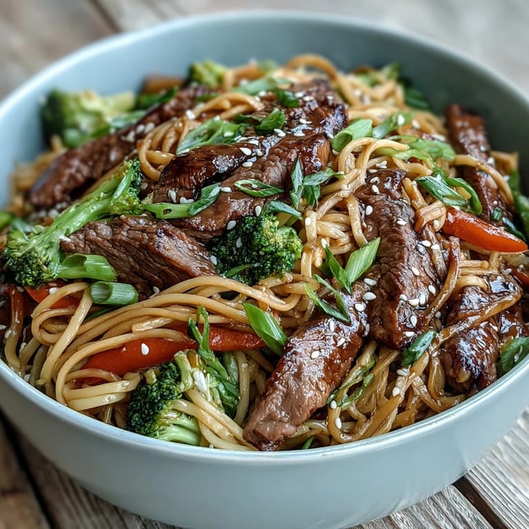 Sizzling beef and vegetables tossed with rice noodles, served with sesame seeds and green onions.