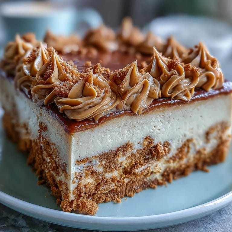 A freshly baked Decadent Baked Biscoff Cake with Creamy Lotus Frosting sits on a marble counter, glistening with silky caramel spread.