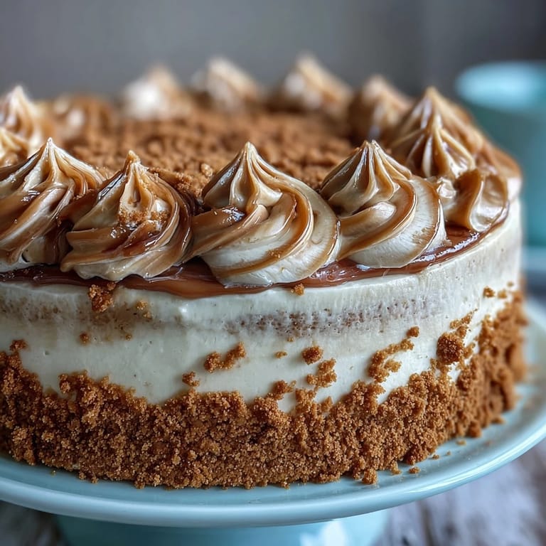 A generous slice of Decadent Baked Biscoff Cake with Creamy Lotus Frosting on a white plate, ready to be enjoyed with coffee.