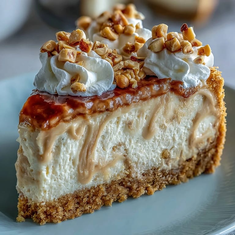 Freshly baked Nutter Butter cheesecake with golden crust, peanut butter swirl, and extra cookies garnish on marble surface.