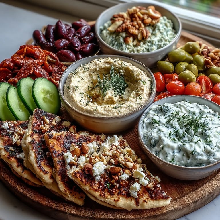 Fresh Mediterranean Brunch Board with tangy tzatziki, olives, feta, and nuts for a festive brunch spread.