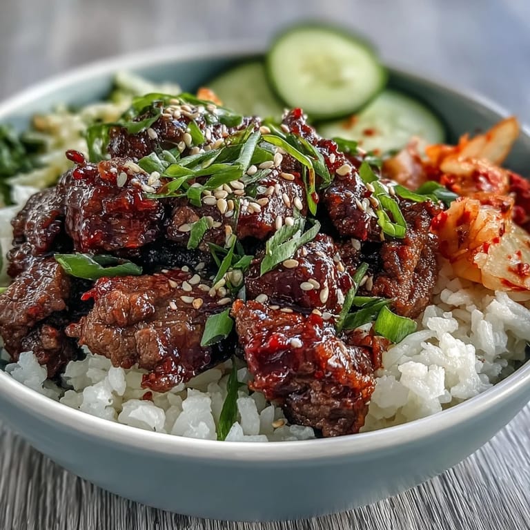 Spicy Korean Beef Bowl with vibrant pickled carrots, radish, cucumber, and a drizzle of sesame sauce for a quick weeknight dinner.