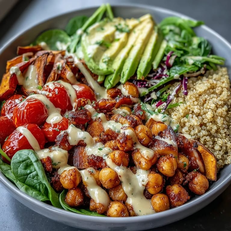 Vibrant fresh vegetables and golden roasted sweet potatoes create a colorful, nourishing Buddha Bowl served with a drizzle of garlic tahini dressing.