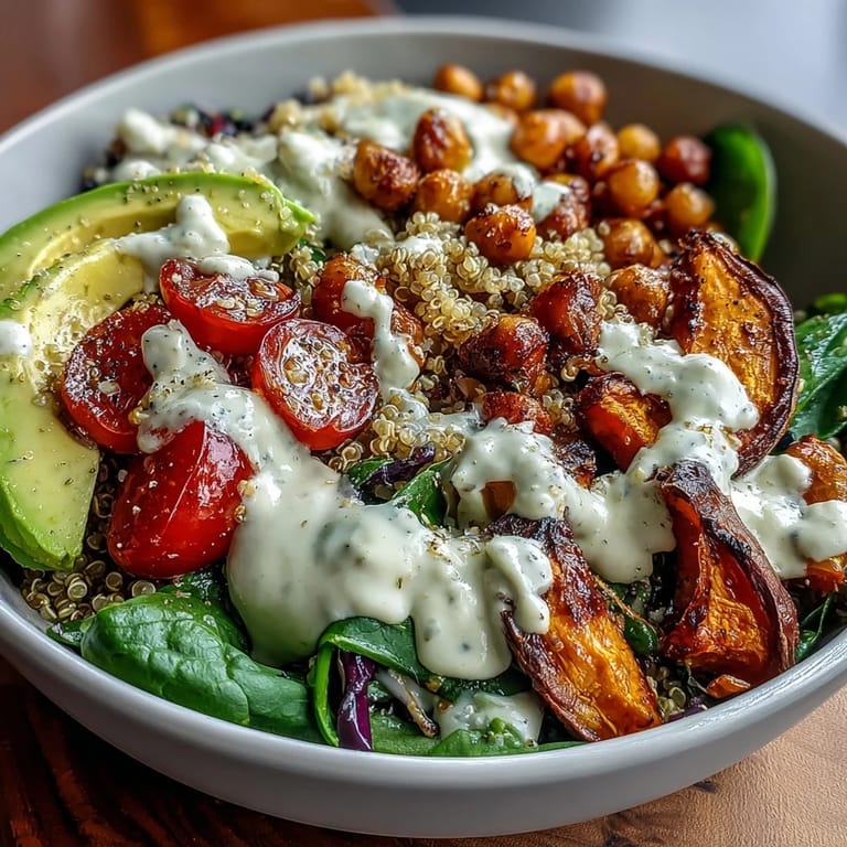 A close-up of a Buddha Bowl with creamy avocado slices, crunchy chickpeas, and a generous pour of garlic tahini dressing over the quinoa.