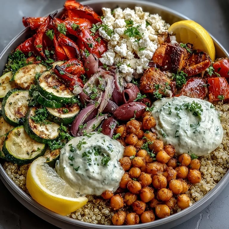 Deconstructed Mediterranean Buddha Bowl ingredients arranged for meal prep, with chickpeas, quinoa, and colorful roasted vegetables ready to assemble.
