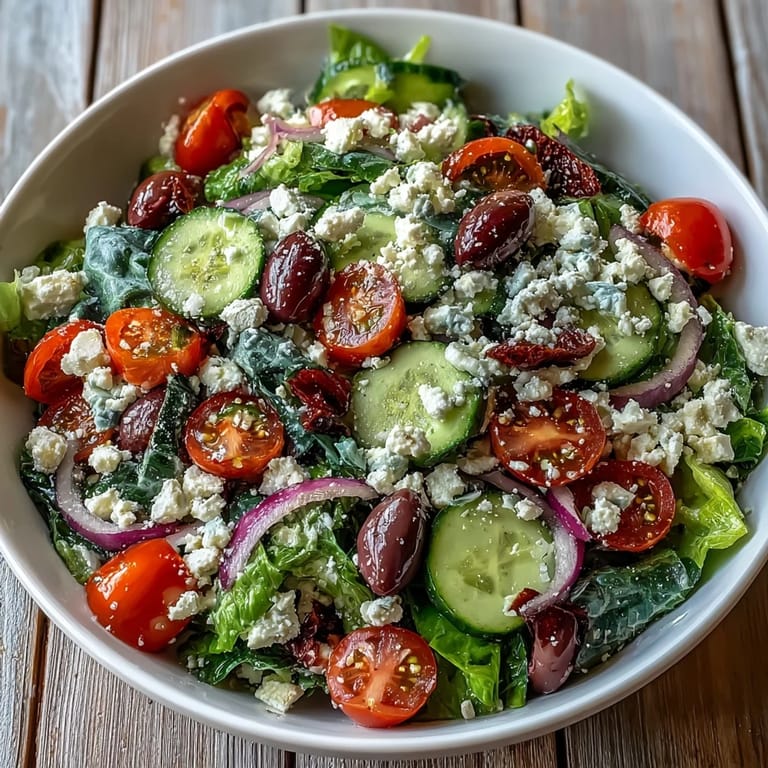Vibrant Greek Salad Bowl featuring crunchy cucumbers, briny Kalamata olives, and tangy red onion.