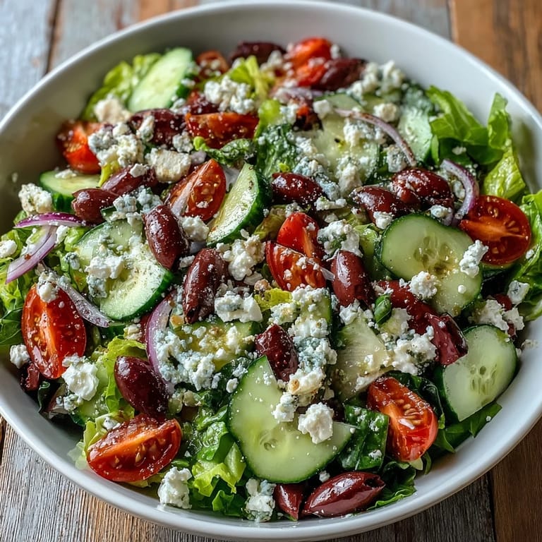 A colorful Greek Salad Bowl drizzled with homemade vinaigrette, perfect for a light vegetarian lunch.