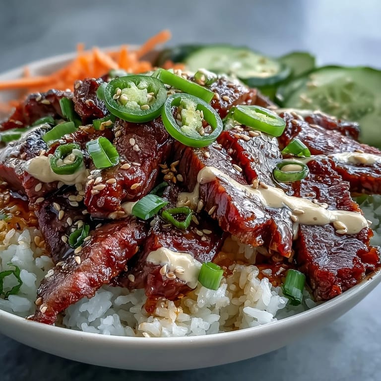 Sizzling Korean Beef Power Bowl topped with crisp cucumber, spicy jalapeños, and green onions on a bed of fluffy rice.