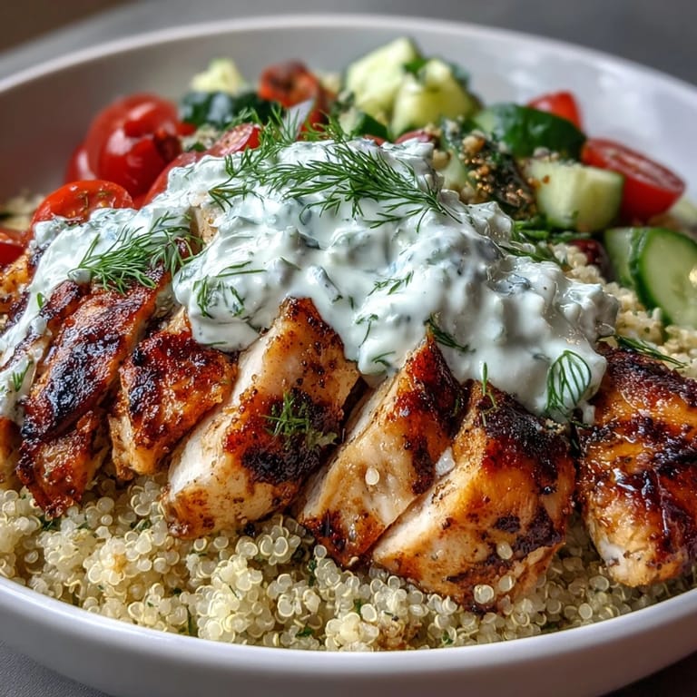 Juicy grilled chicken, diced veggies, and fresh parsley top the Greek Chicken Power Bowl, garnished with zesty lemon wedges for a bright finish.