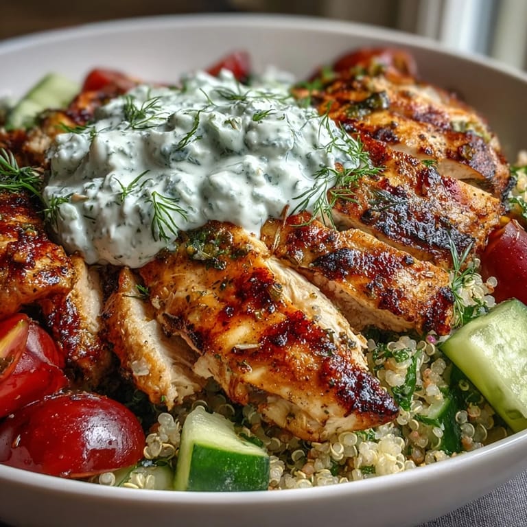 A close-up of the Greek Chicken Power Bowl highlights tender meat, Kalamata olives, and cool tzatziki drizzled over vibrant quinoa and veggies.