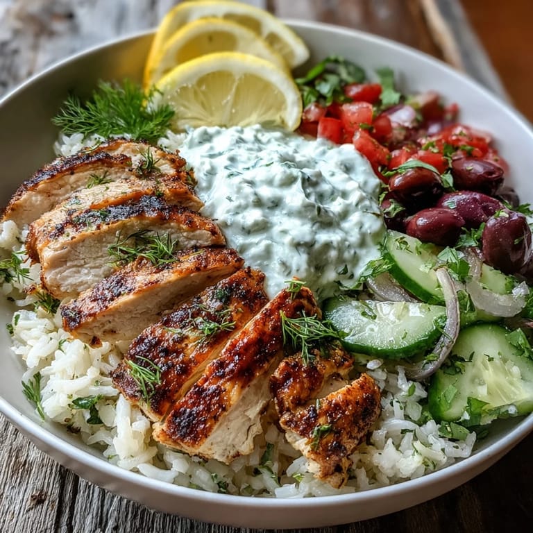 Sizzling Greek Chicken Bowl topped with briny Kalamata olives, tzatziki, and fresh herbs served alongside lemon wedges.