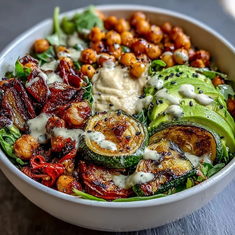 This nourishing plant-based bowl features chickpeas, olives, hummus, and fresh greens for a satisfying Mediterranean meal.  