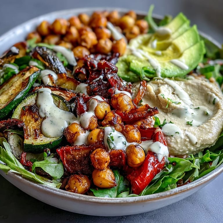 A vibrant, protein-packed vegan Buddha Bowl showcasing roasted eggplant, bell peppers, and chickpeas with a tangy lemon-tahini dressing.