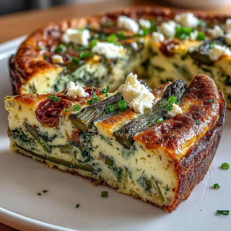Oven-baked Healthy Easy Spring Veggie Frittata featuring tender asparagus, leafy greens, and creamy feta, ideal for quick and wholesome dining.