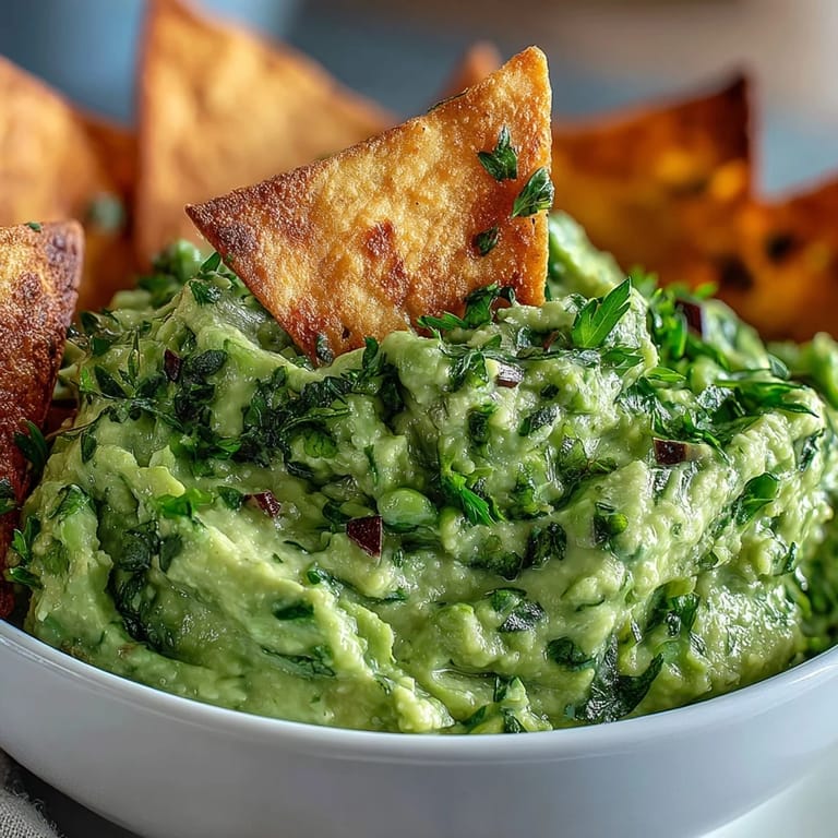 Protein-packed edamame guacamole blended with lime and garlic, paired with warm, spiced pita chips for a healthy snack.  