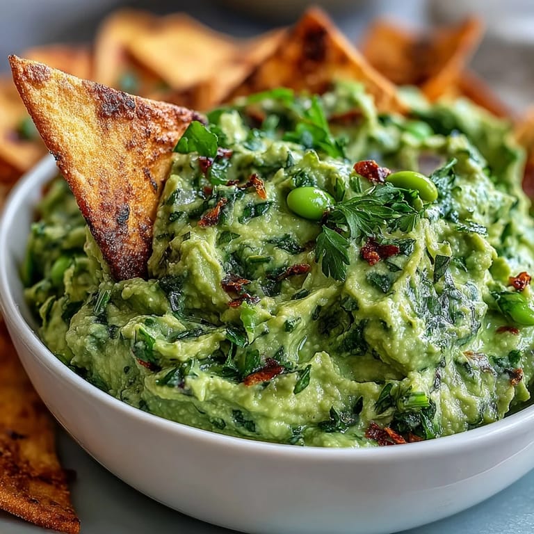 Bright green edamame guacamole with jalapeño and red onion, served alongside crunchy whole wheat pita chips.