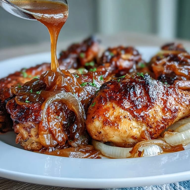 Classic Soul Food Smothered Chicken with Onion Gravy, served hot with a side of mashed potatoes for a hearty, satisfying meal.