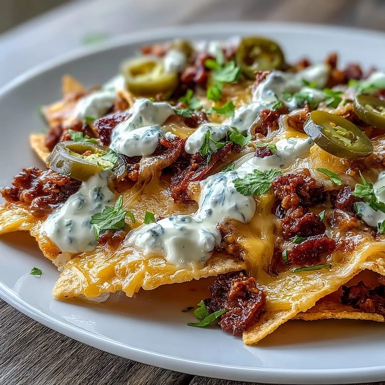 Crispy tortilla chips smothered in seasoned beef and creamy cheese sauce, topped with tangy jalapeños and fresh garnishes.  