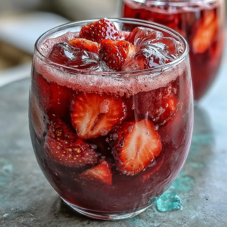 A chilled glass of strawberry açaí refresher, garnished with mint and strawberry slices, perfect for a hot day.