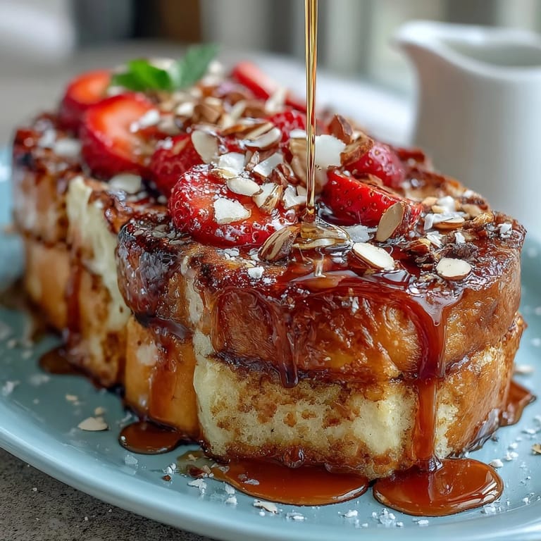 Golden baked strawberry French toast casserole topped with almonds and turbinado sugar.