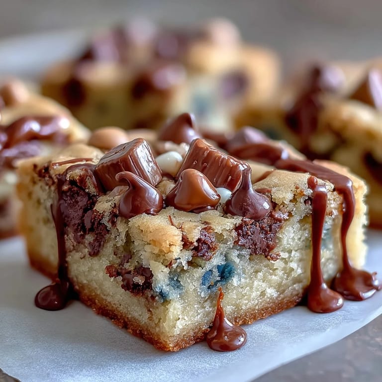 Festive graduation cookie bars with semi-sweet chocolate chips, colorful candy-coated chocolates, and a glossy white chocolate drizzle for a sweet celebration centerpiece.