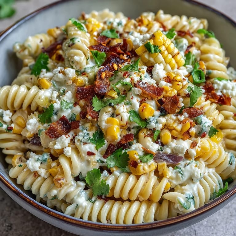 Bright Mexican street corn pasta salad featuring charred corn, tangy lime dressing, and crumbled Cotija cheese.  