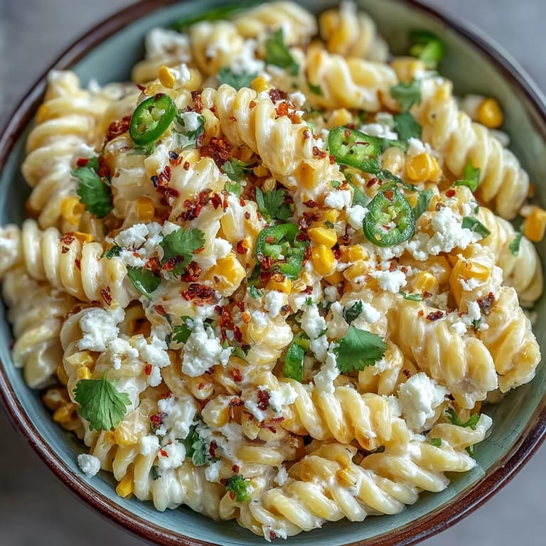 Colorful elote-inspired pasta salad with sweet corn, smoky chili, and zesty lime, topped with fresh cilantro.