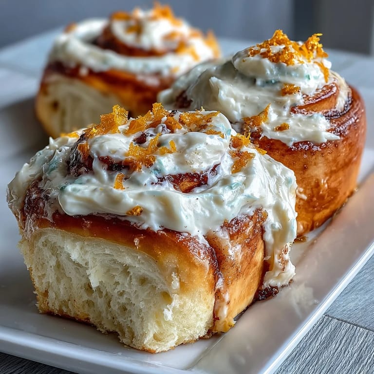 Fluffy orange-infused rolls baked golden and generously frosted with a rich orange cream cheese topping.