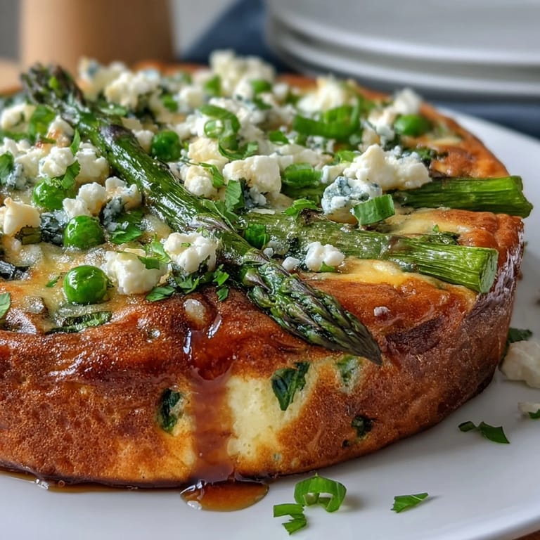 Vibrant spring frittata with tender asparagus, peas, and goat cheese, baked to golden perfection and garnished with chives.