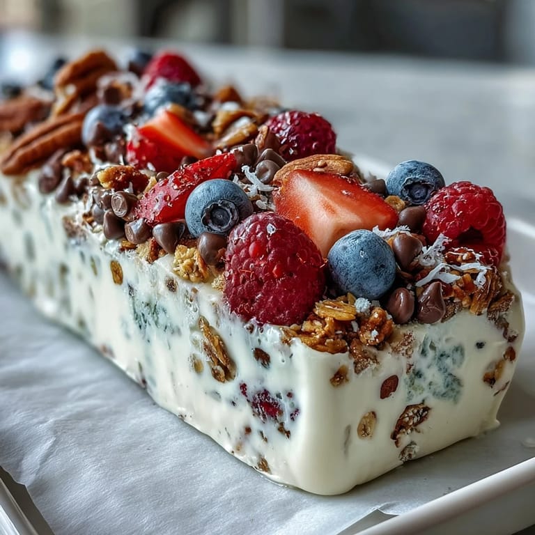 A healthy frozen yogurt bark with fresh berries and granola, ideal for a cool dessert.