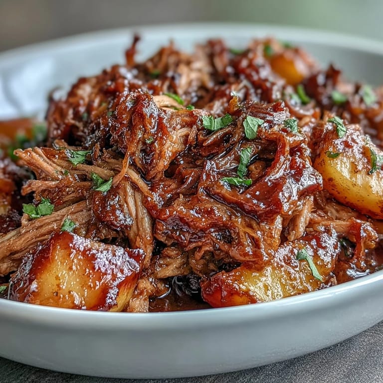 Summer Crockpot Honey Peach BBQ Pulled Pork served on a platter, golden pork glistening with honey-infused barbecue glaze.  