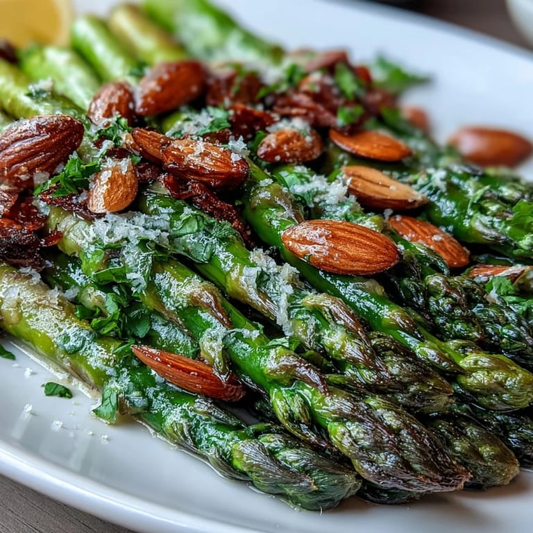 Tender asparagus in a buttery lemon sauce, finished with crunchy sliced almonds and fresh parsley for a vibrant vegetarian side.