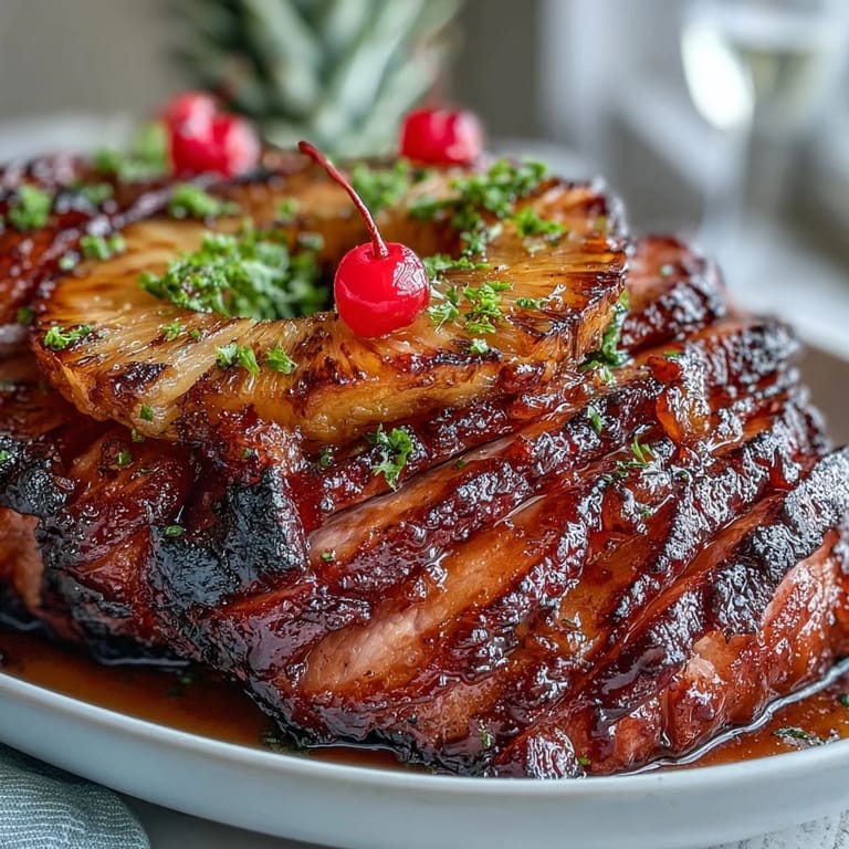 Juicy spiral-cut ham topped with sweet pineapple and cherries, drizzled with honey glaze.