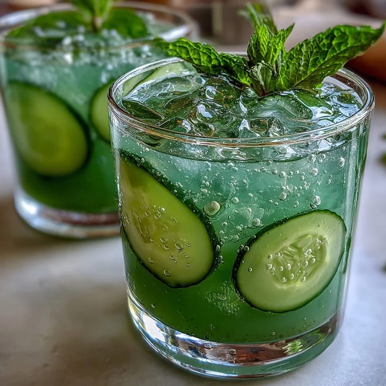 Bright Green Detox Cucumber Mint Agua Fresca pitcher poured over ice with mint.