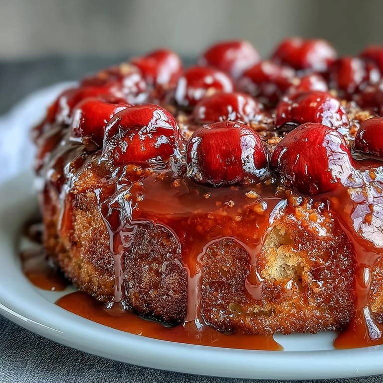 Luscious cherry almond upside-down cake ready for a scoop of ice cream.