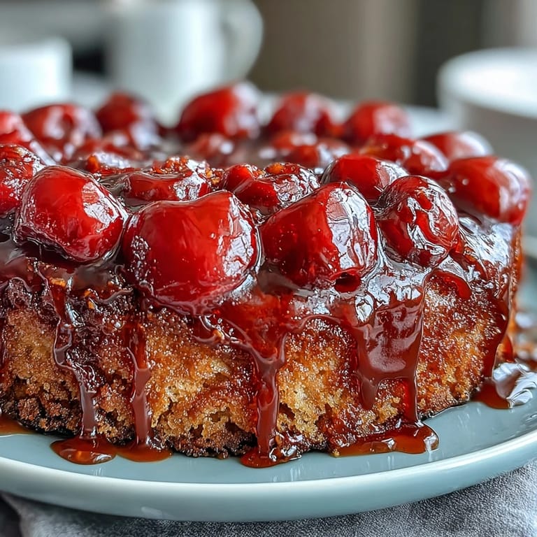 Moist upside-down cake, bursting with sweet cherries and a nutty crunch.