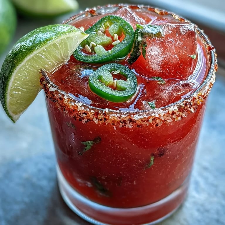 Spicy-sweet Cinco de Mayo Watermelon Jalapeño Margarita Mocktail garnished with fresh lime.