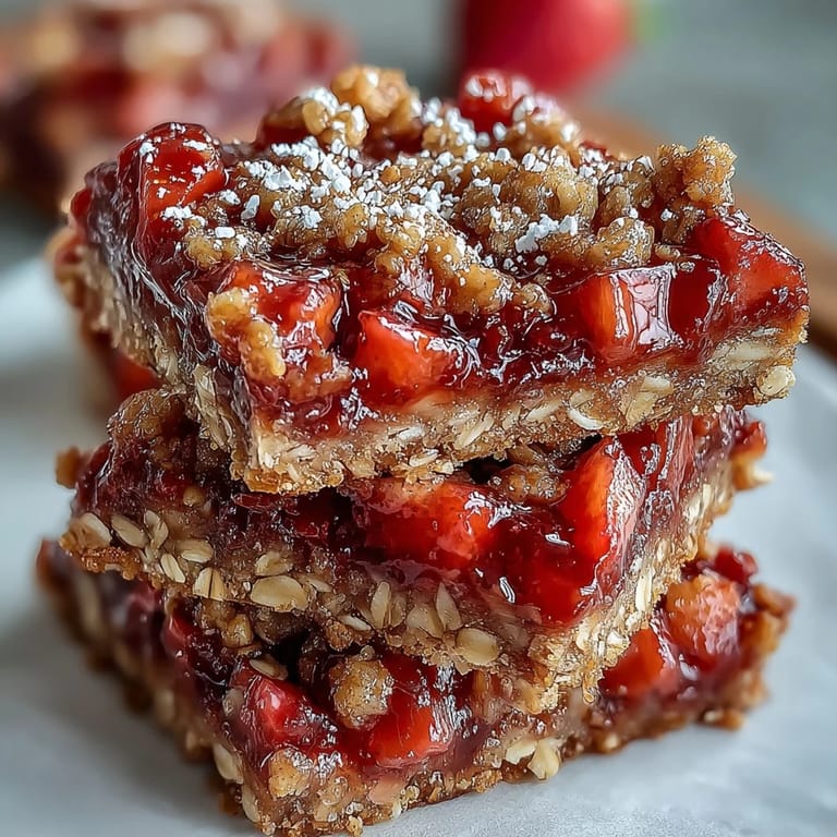 Close-up of a rustic Strawberry Rhubarb Crumble Bar, ready to enjoy.