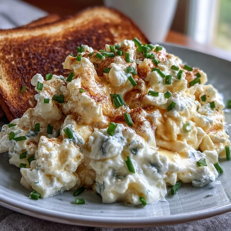 Golden Protein-Packed Cottage Cheese Scrambled Eggs with chives, a satisfying breakfast upgrade.