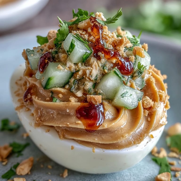 Vibrant Thai Peanut Deviled Eggs with a crunchy peanut and cilantro garnish.