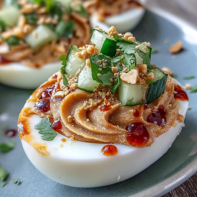 Savory Thai Peanut Deviled Eggs, a flavorful appetizer with a cooling relish.