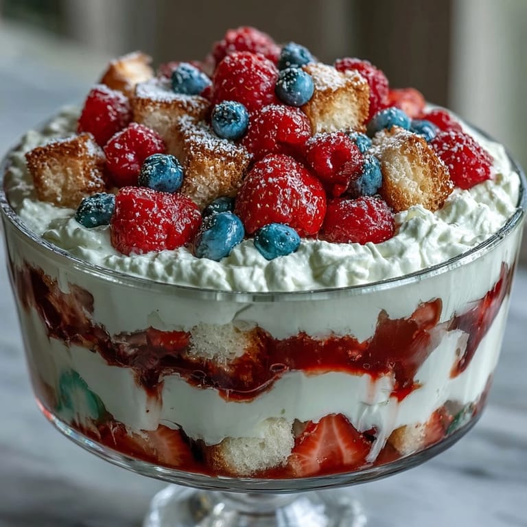 Red White Blue Berry Trifle: visually stunning layers of cake, cream, and fresh fruit.