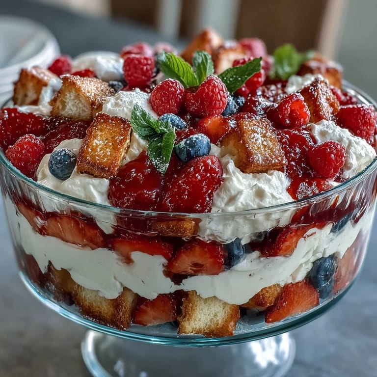 A festive Red White Blue Berry Trifle, crowned with berries and cream.